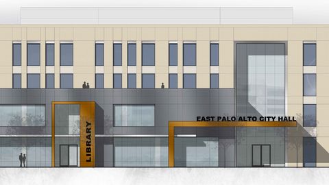 Rendering of the East Palo Alto Civic Commons, with the new library and City Hall